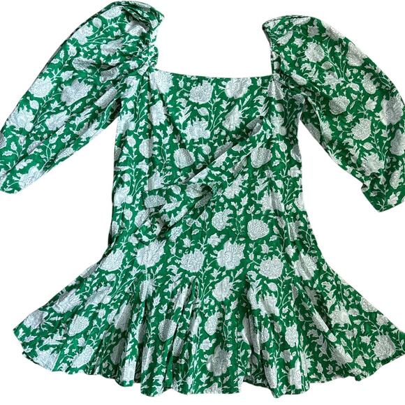Mille Resort Anais Belted Mini Hand Block Print Dress Green Zinnia Size Small - Picture 9 of 12